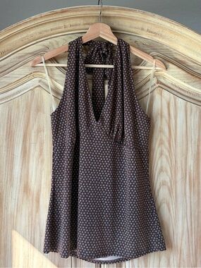 Mai Tai Brown & Blue Dot Halter Tank Top Women’s Size XXL Tie Top Y2K V-Neck